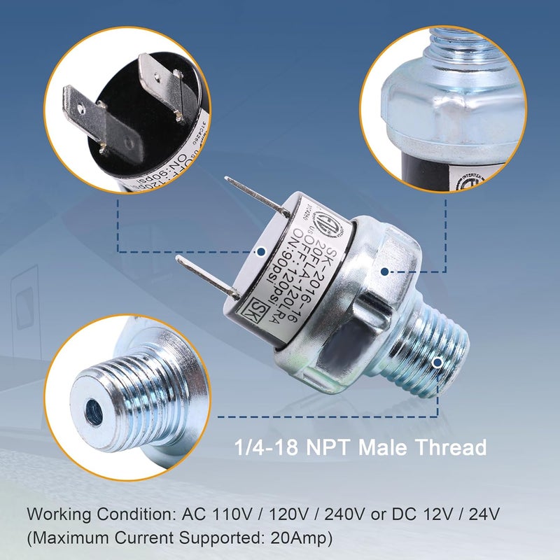 LDMINDA Air Pressure Switch 90-120 PSI Tank Mount Thread 1/4" NPT 12V/24V DC Air Compressor Pressure Switch Air Train Horn Switch 90-120 1/4 inch - Image 4